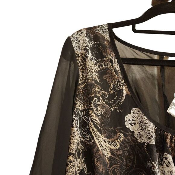 Maurices Studio Y Large Black White Lace Button 3/4 Sleeve Chiffon Top - Picture 5 of 13